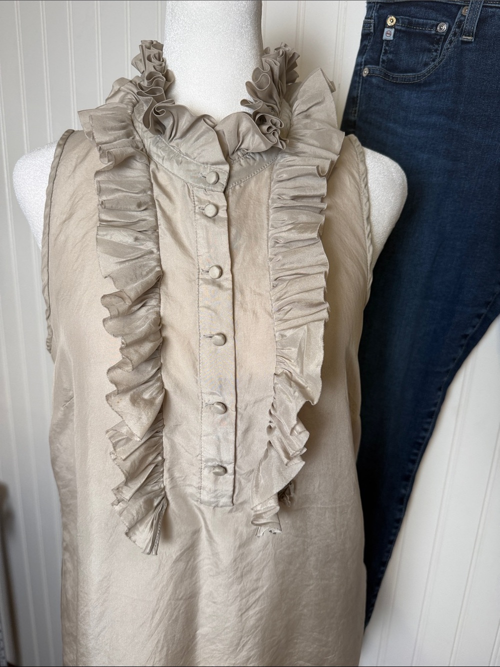 J. Crew Taupe Ruffle-Front 100% silk Camisole